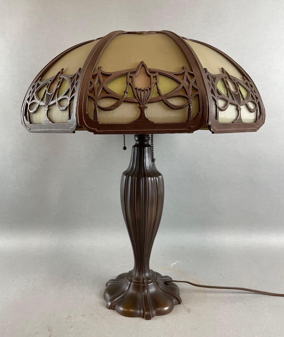 Antique Bradley and Hubbard Brass Lamp with Ribbed Glass Shade (1 of 5)