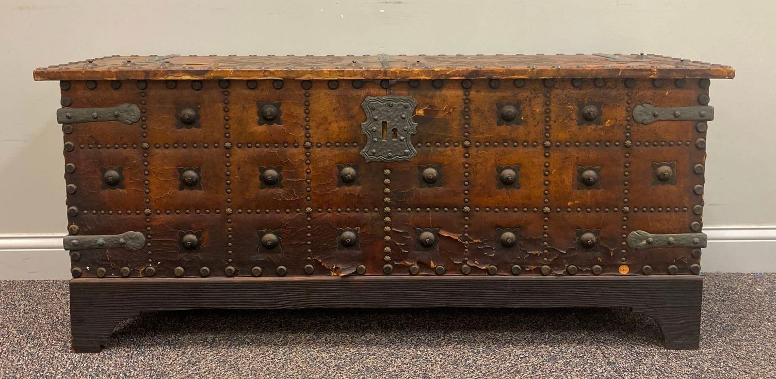 NO SHIPPING Large Leather Trunk with Decorative Nails (1 of 6)