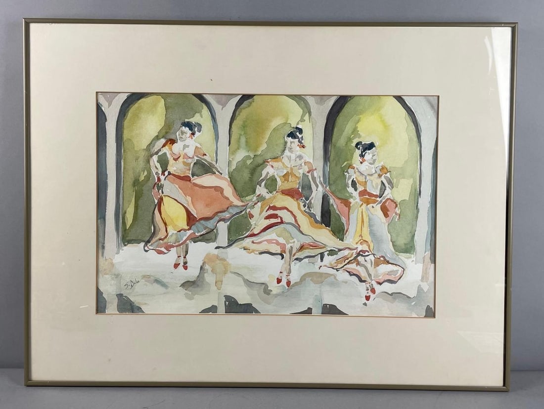 Artist Signed Flamenco Dancers Watercolor Painting on Paper (1 of 3)
