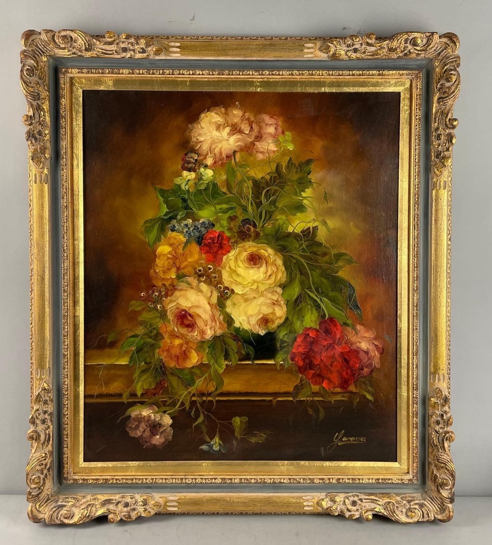 Heinrich Garossa Signed Still Life with Flowers Oil Painting on Canvas (1 of 3)