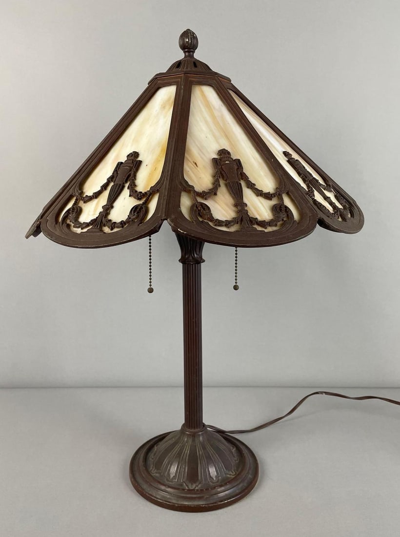 Antique Bronze Slag Glass 9 Panel Table Lamp (1 of 4)