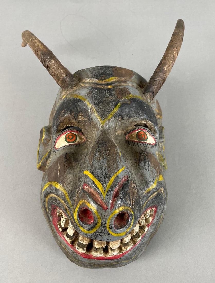 Mexican Hand-Painted Carved Wood Devil Mask (1 of 3)