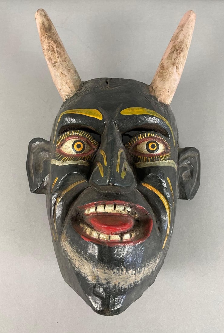Mexican Hand-Painted Carved Devil Wood Mask (1 of 2)