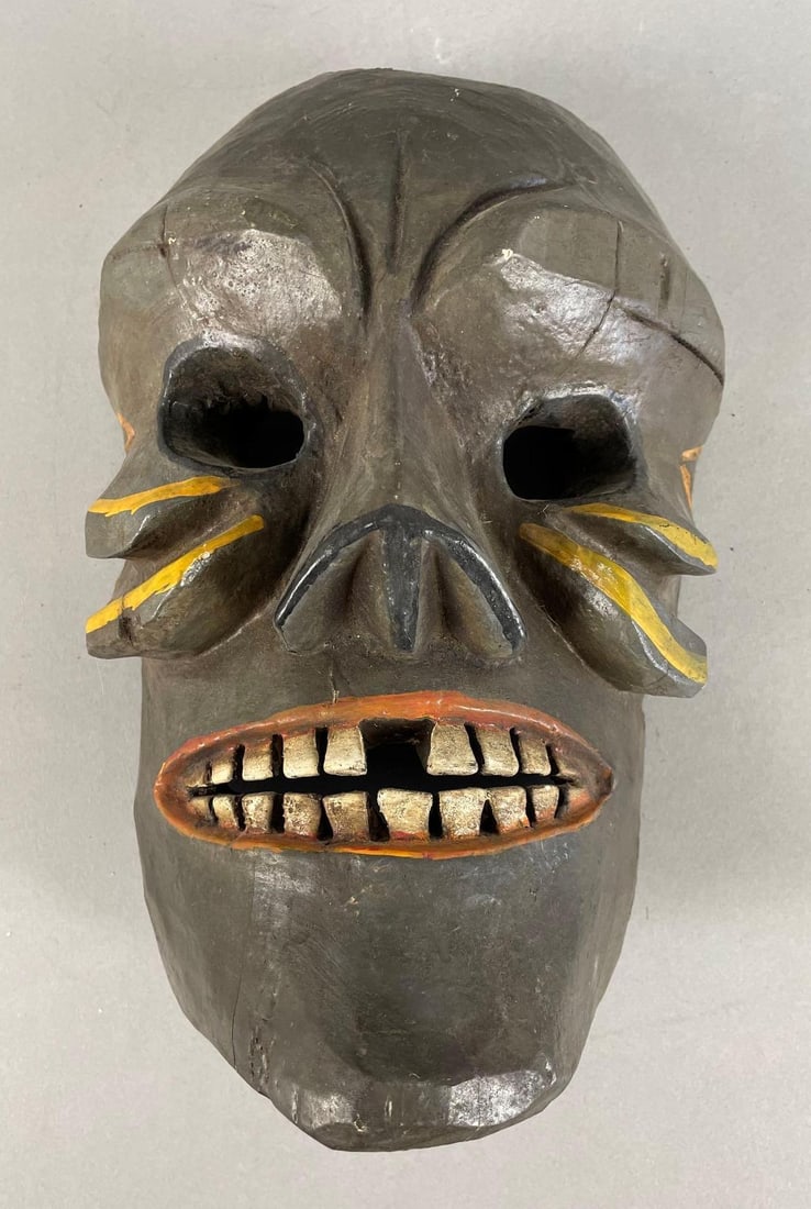 Tribal Hand-Painted Carved Wood Skull Mask (1 of 3)