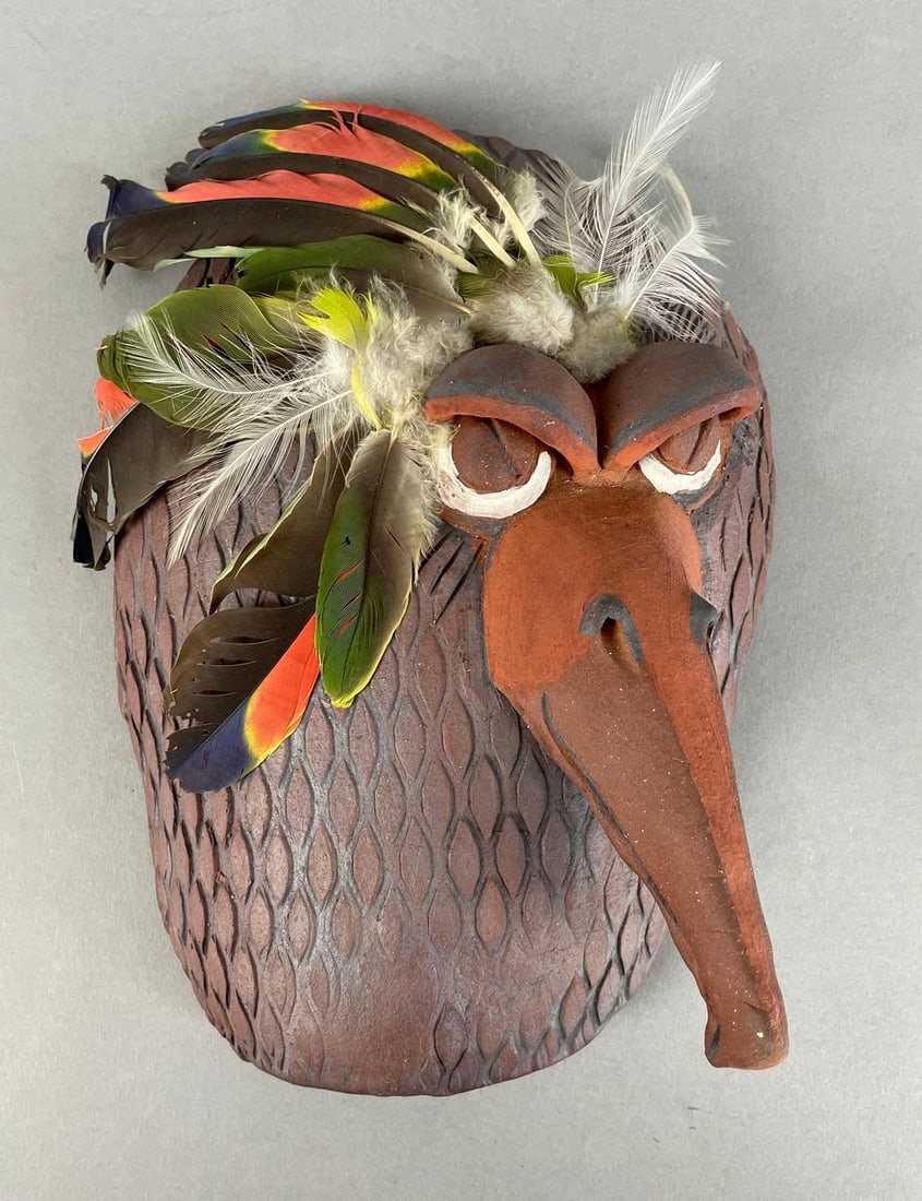 Artist Signed Pottery and Feather Bird Mask (1 of 2)