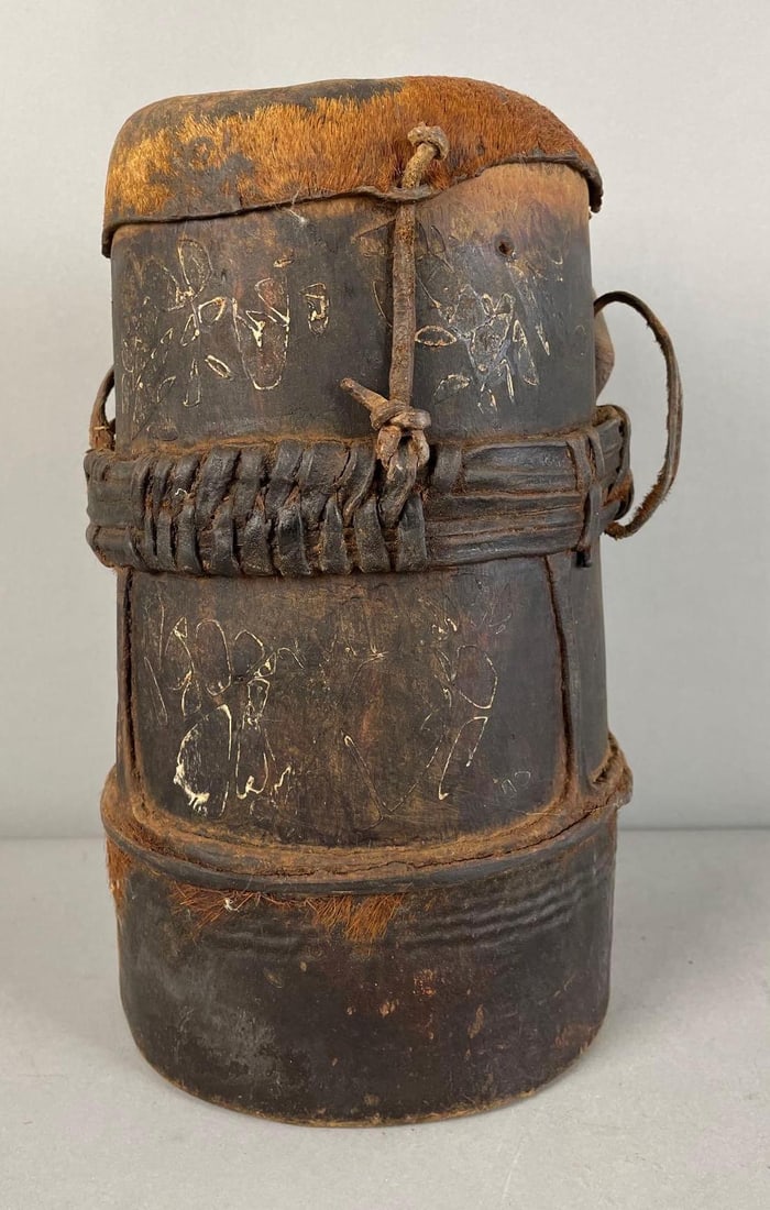 African Wood and Hide Travel Jug (1 of 4)