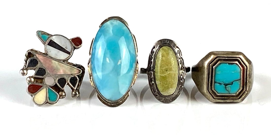 Group of 4 Sterling Silver Native American Turquoise Rings (1 of 3)