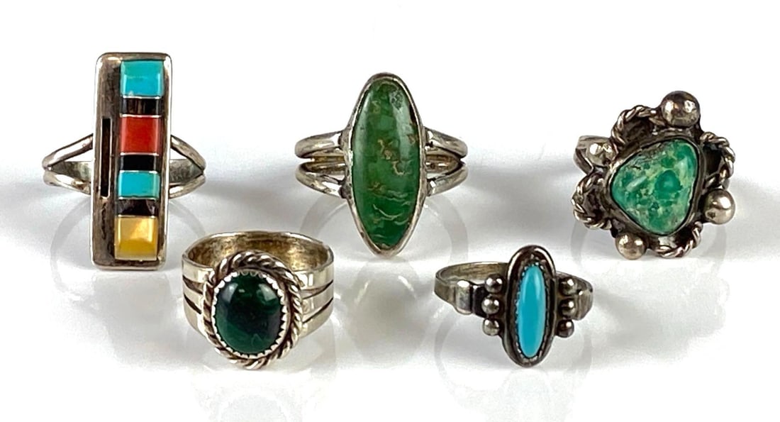 Group of 5 Sterling Silver Turquoise Native American Rings (1 of 3)