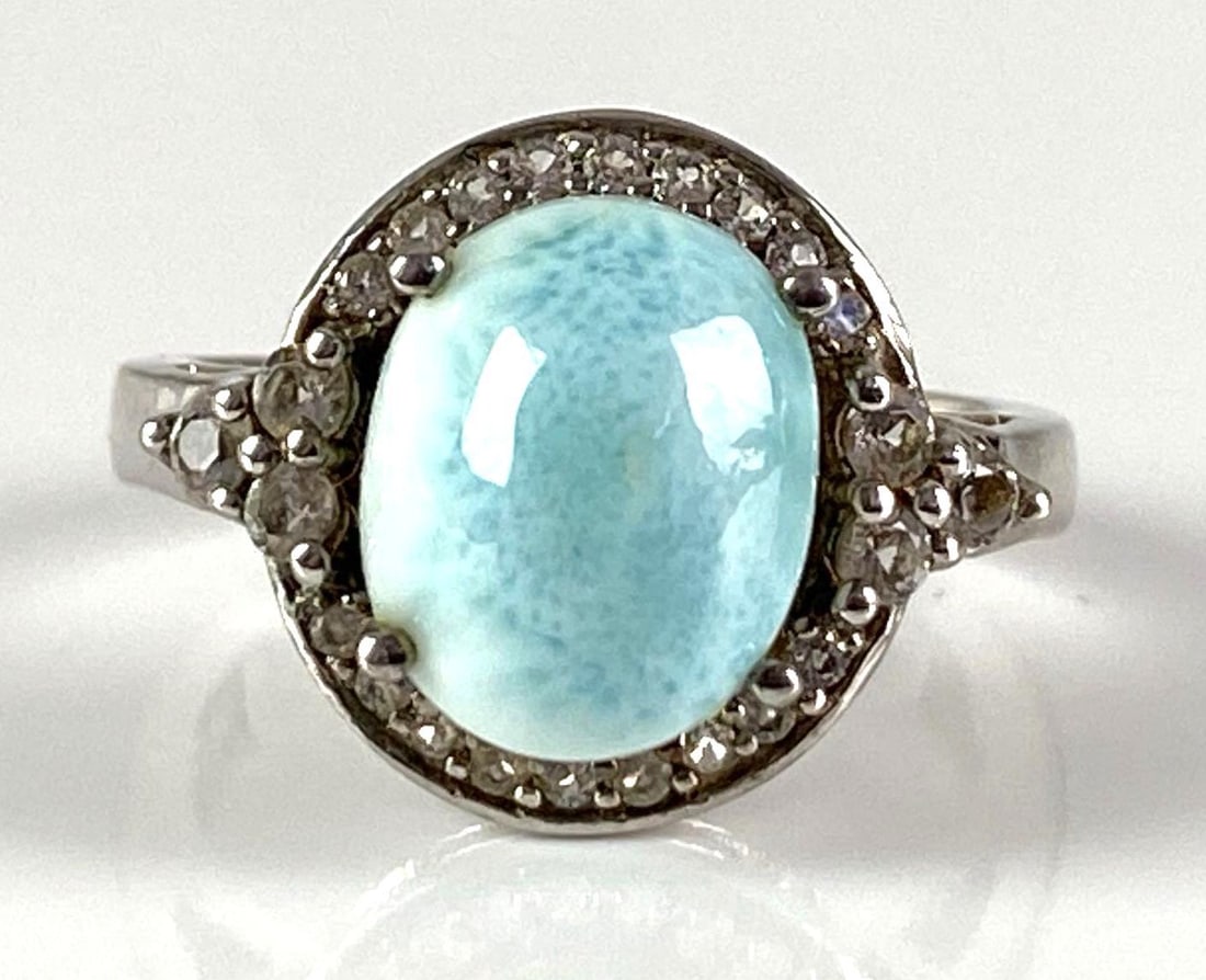 Signed TGGC Sterling Silver Clear Topaz and Larimar Ring: In-House Shipping Option: If you would like to use our in-house shipping service, please select “Arrange My Own Shipping” when paying your invoice. After payment, our in-house shipping team