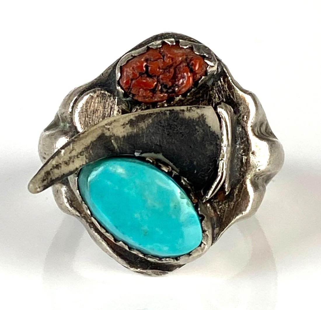 Sterling Silver Zuni Turquoise and Coral Ring (1 of 6)