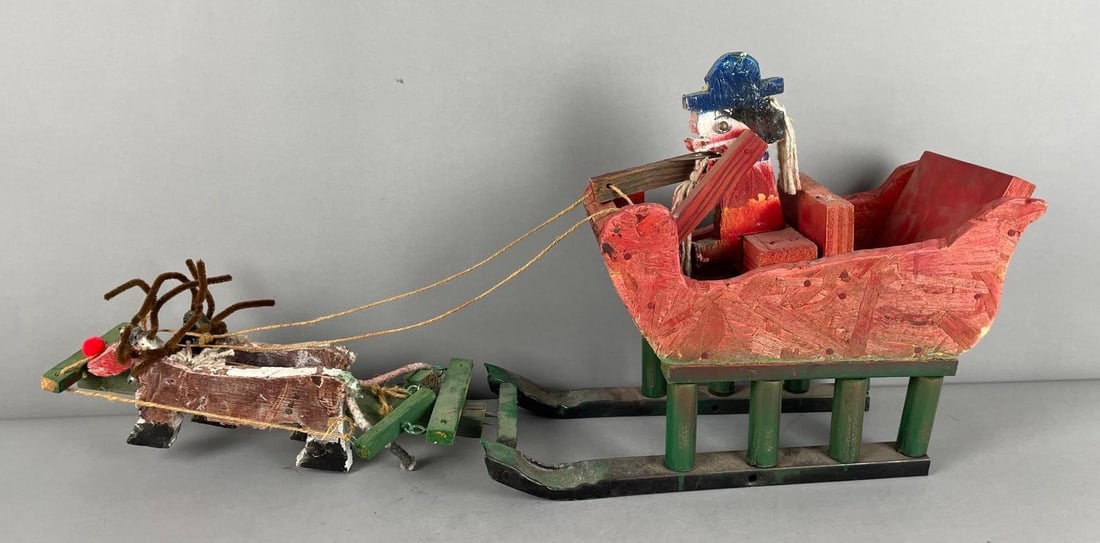 Folk Art Wood Santa and Reindeer Sculpture (1 of 2)
