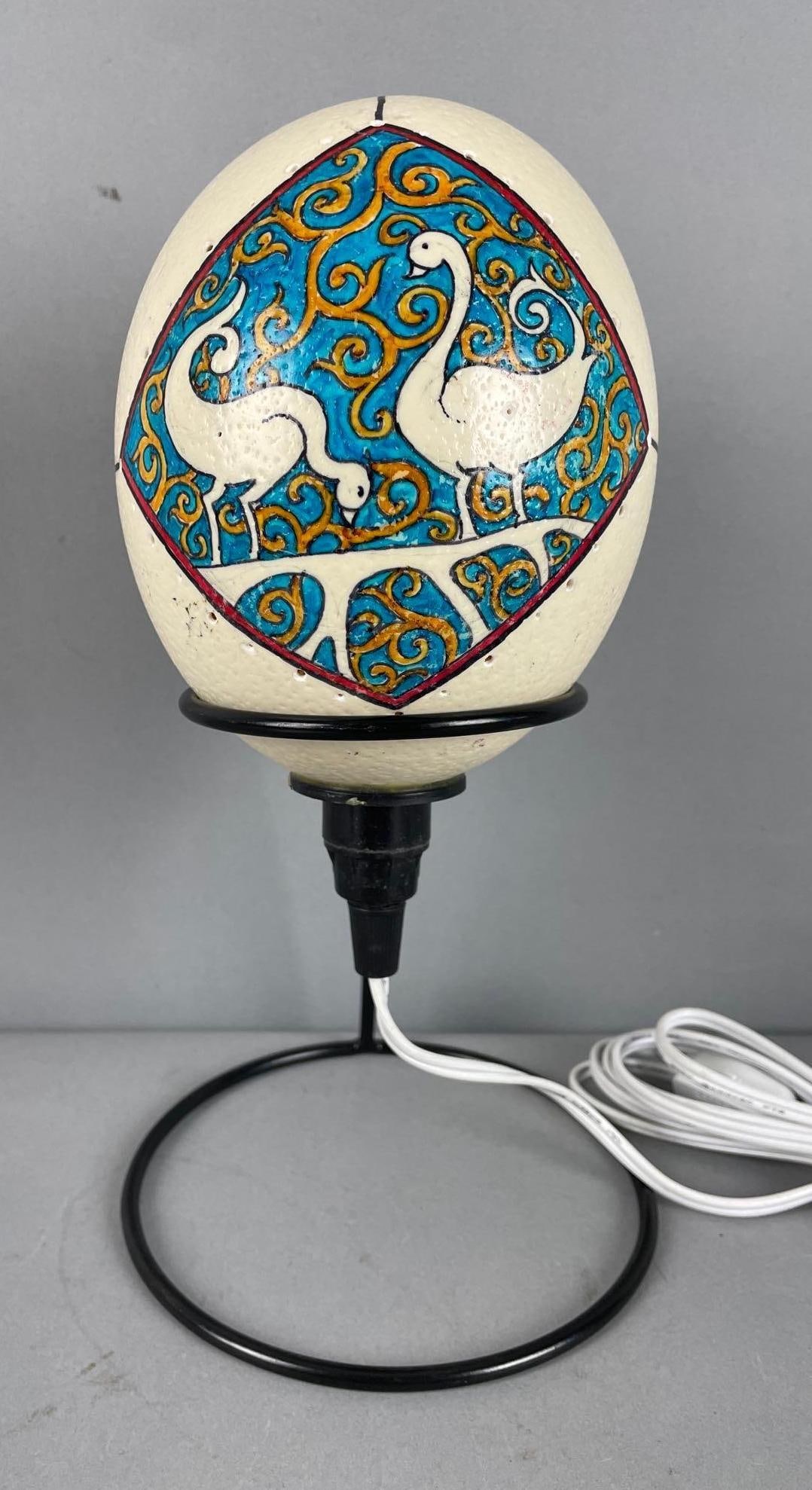 Artist Signed Light and Love Hand-Painted Ostrich Egg Lamp (1 of 3)
