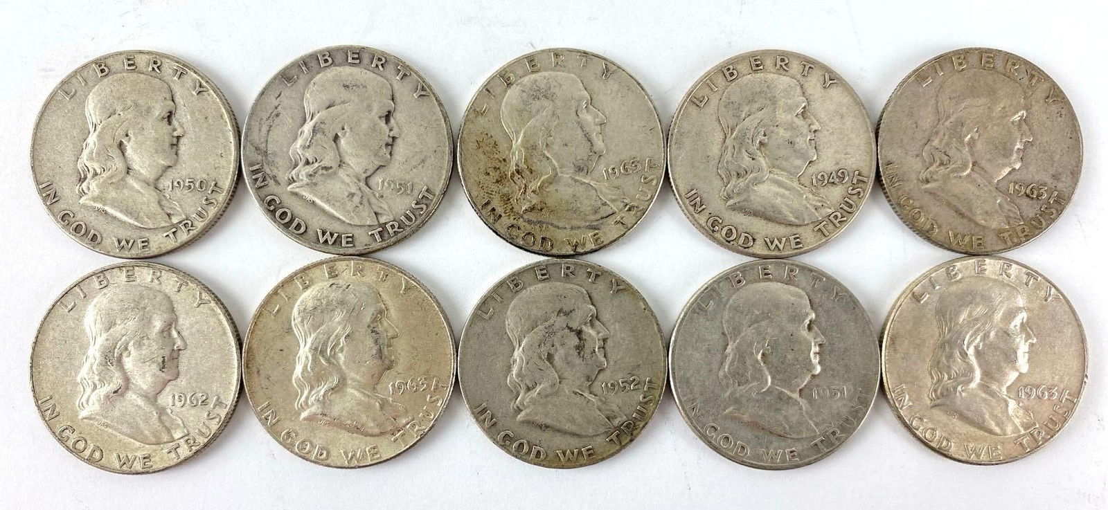 Group of 10 Franklin Silver Half Dollars (1 of 2)
