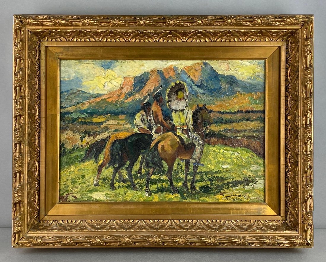 Signed Native Americans on Horseback Oil on Board (1 of 7)