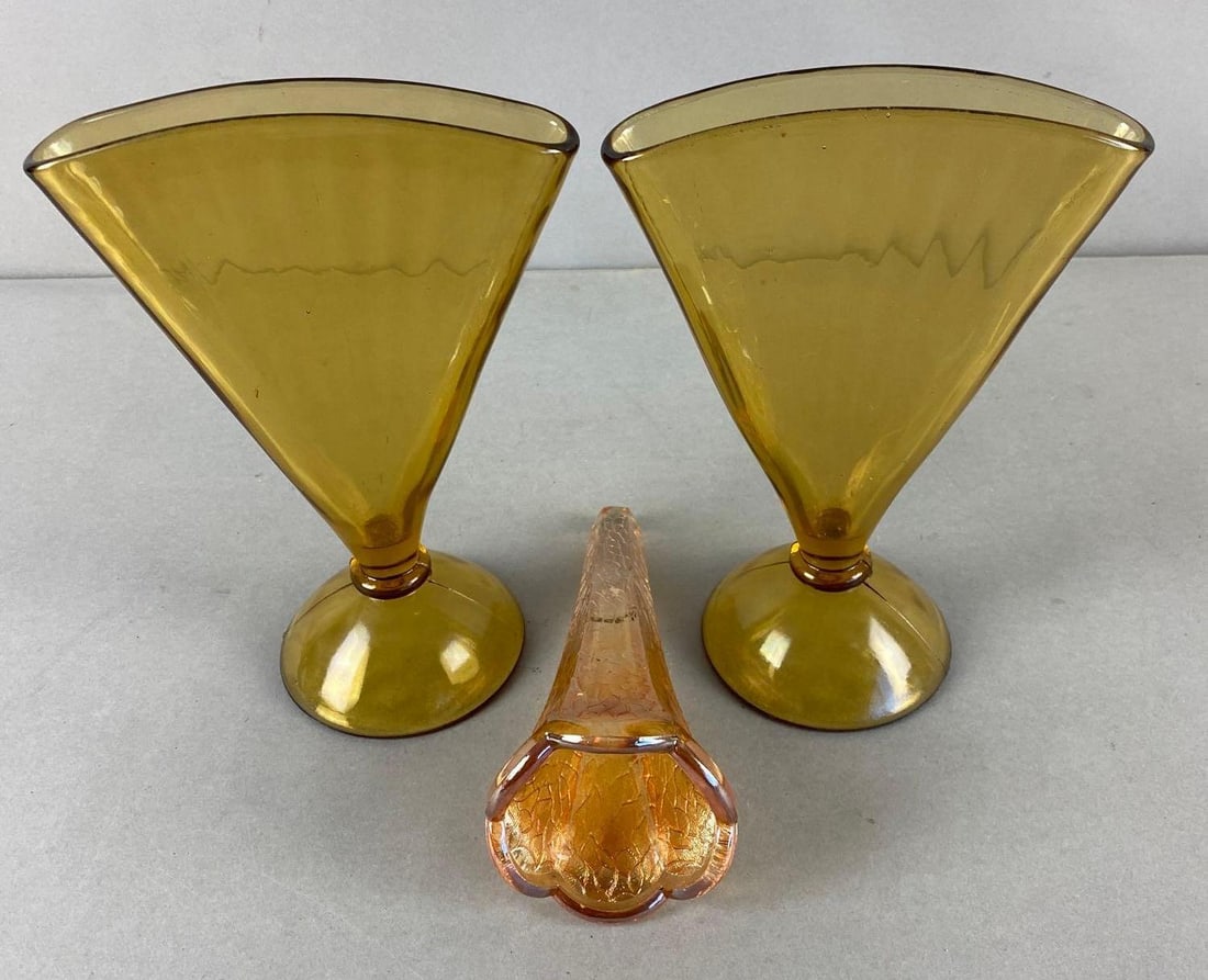 Vintage Group Amber Glass Vases Footed Fan and Carnival Wall Pocket Car Vase (1 of 7)