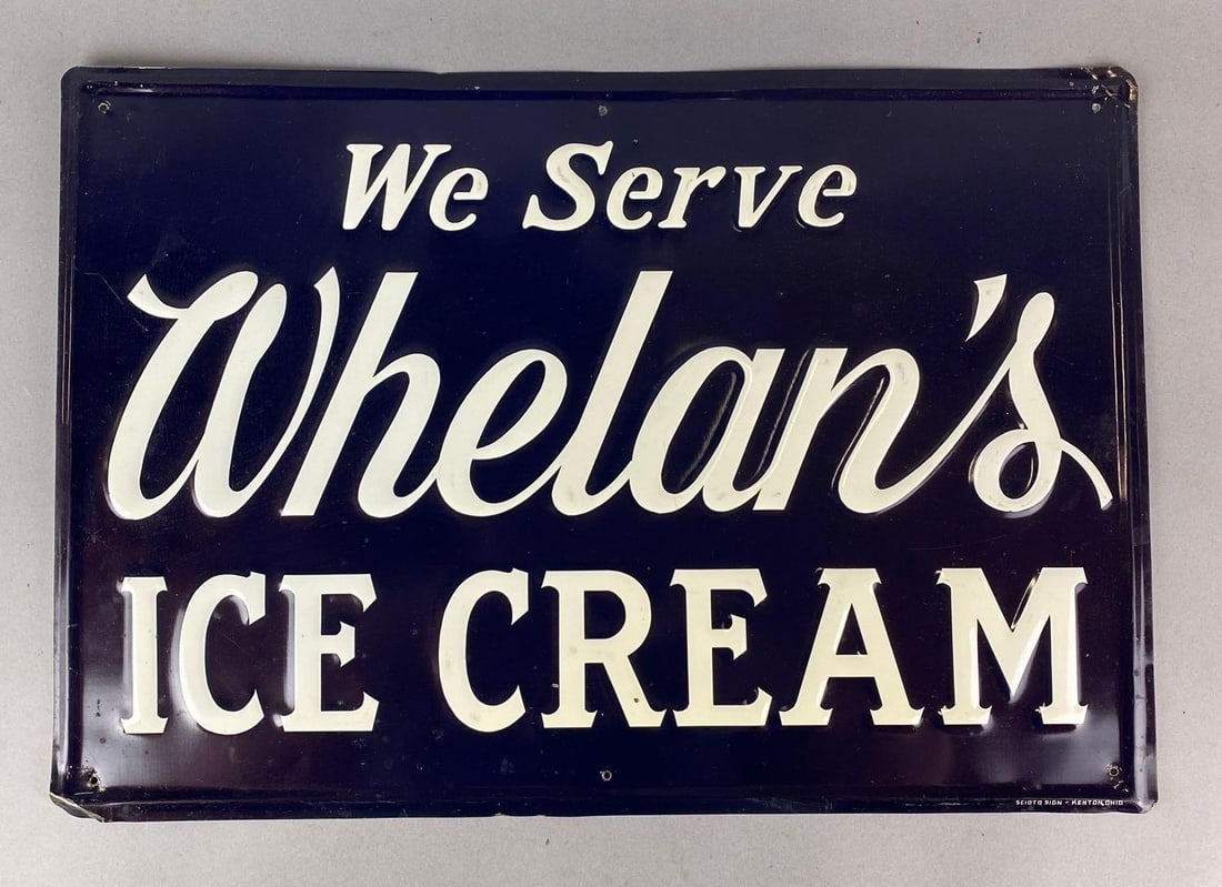 Vintage 1940s Whelan Ice Cream Tin Advertising Sign: In-House Shipping Option: If you would like to use our in-house shipping service, please select “Arrange My Own Shipping” when paying your invoice. After payment, our in-house shipping team