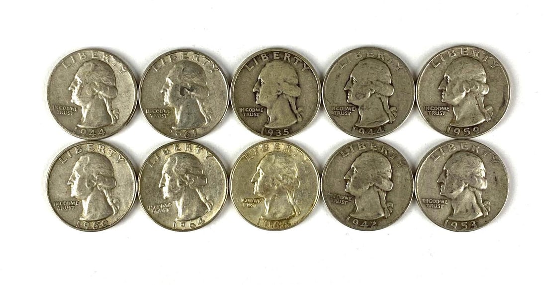 Group of 10 US Washington 90% Silver Quarters (1 of 2)