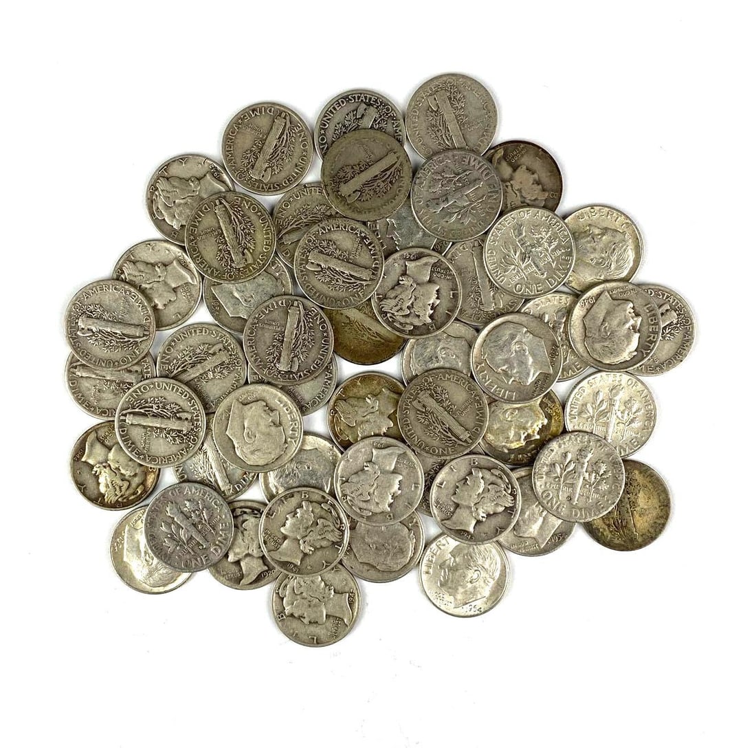 Group of 50 US Mercury and Roosevelt Silver Dimes (1 of 1)