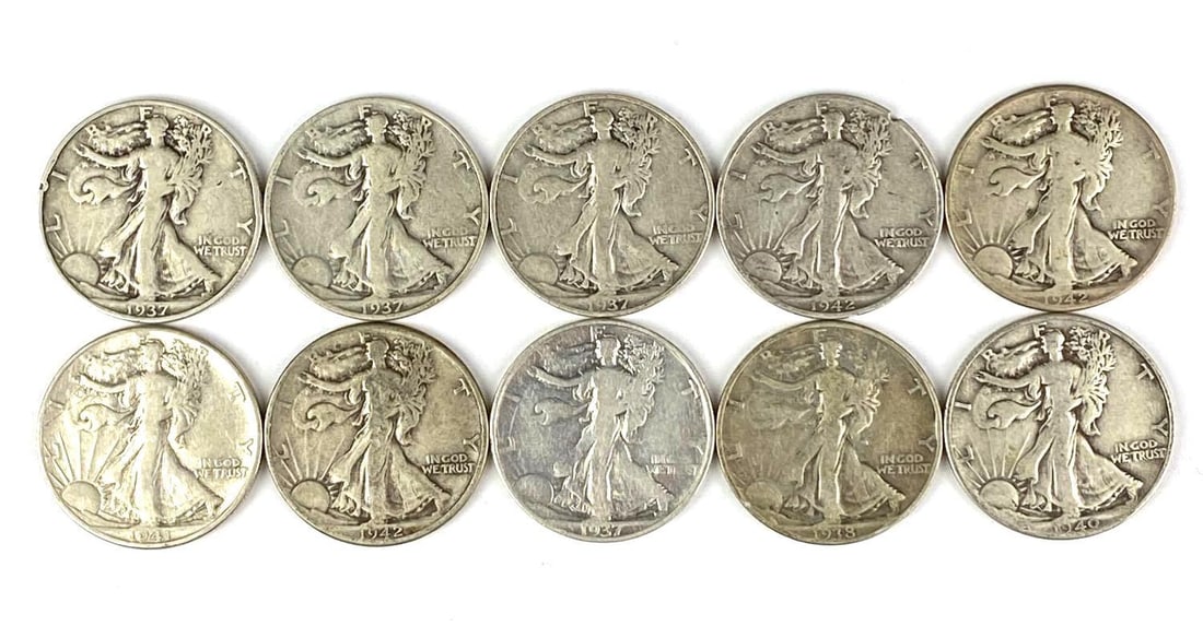Group of 10 US Walking Liberty Silver Half Dollars (1 of 2)
