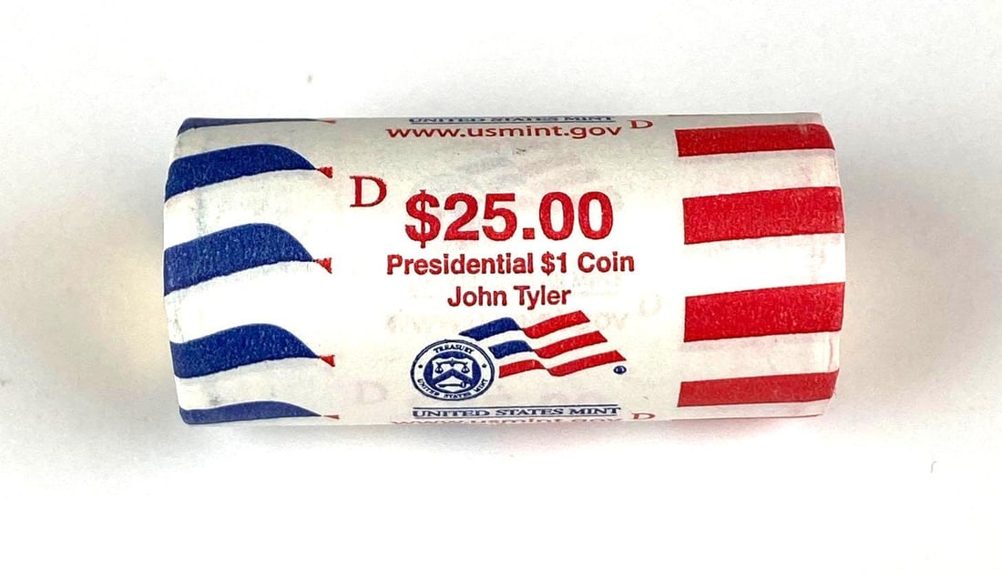 US Mint $25 John Tyler Presidential $1 D Coin Roll (1 of 2)
