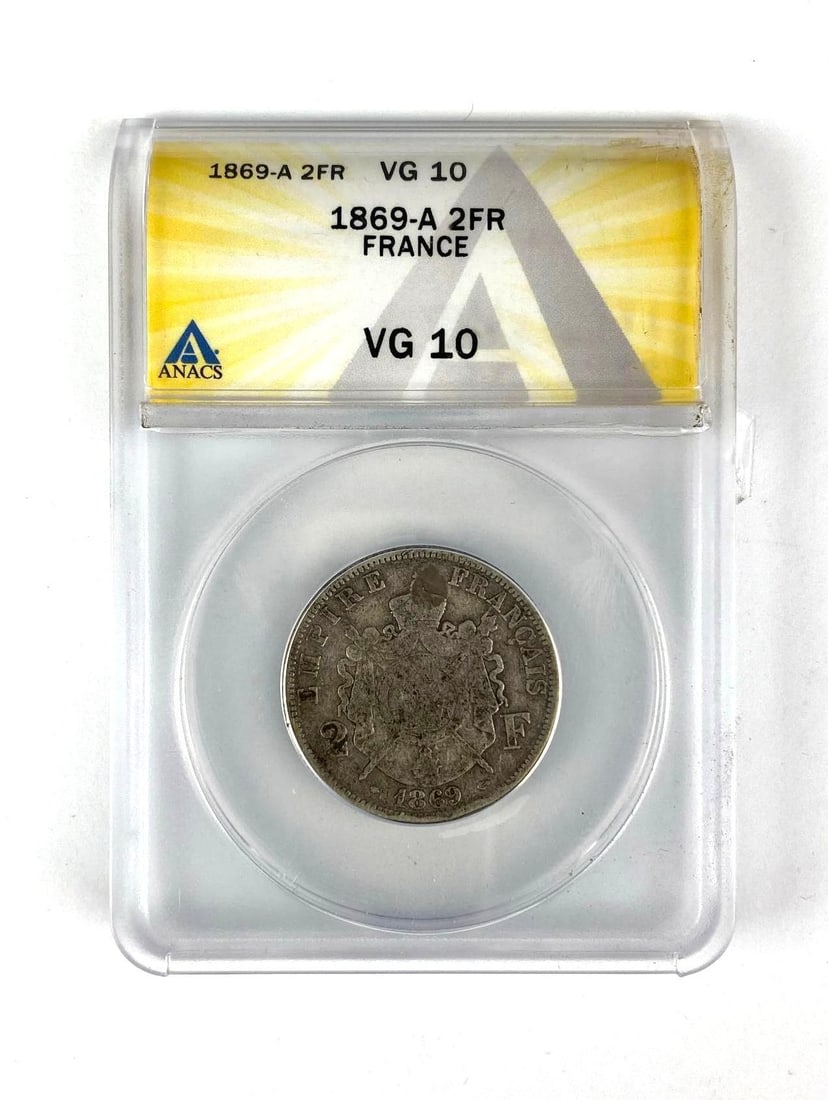 1869 A France 2 Francs Napoleon III ANACS Graded VG10: In-House Shipping Option: If you would like to use our in-house shipping service, please select “Arrange My Own Shipping” when paying your invoice. After payment, our in-house shipping team wi