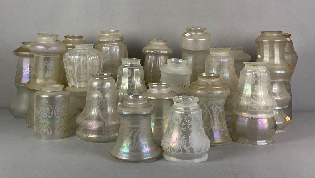 Group of Iridescent Etched Frosted Glass Lamp Shades (1 of 3)