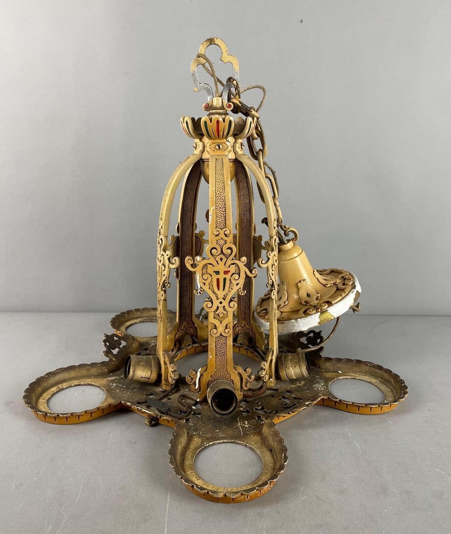 Art Deco Slip Shade 5 Lamp Painted Metal Chandelier (1 of 3)