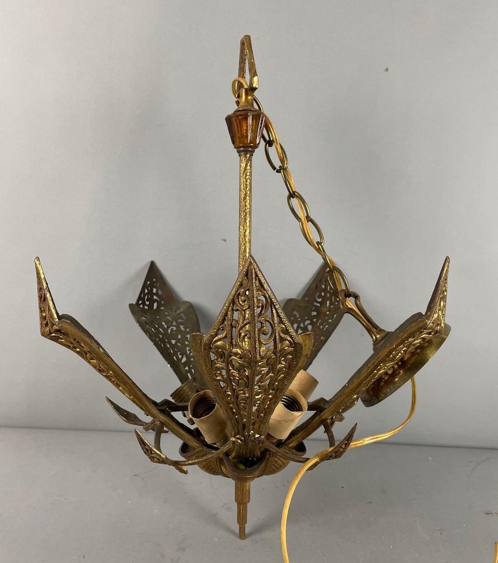 Art Deco Brass Slip Shade 5 Lamp Chandelier (1 of 3)