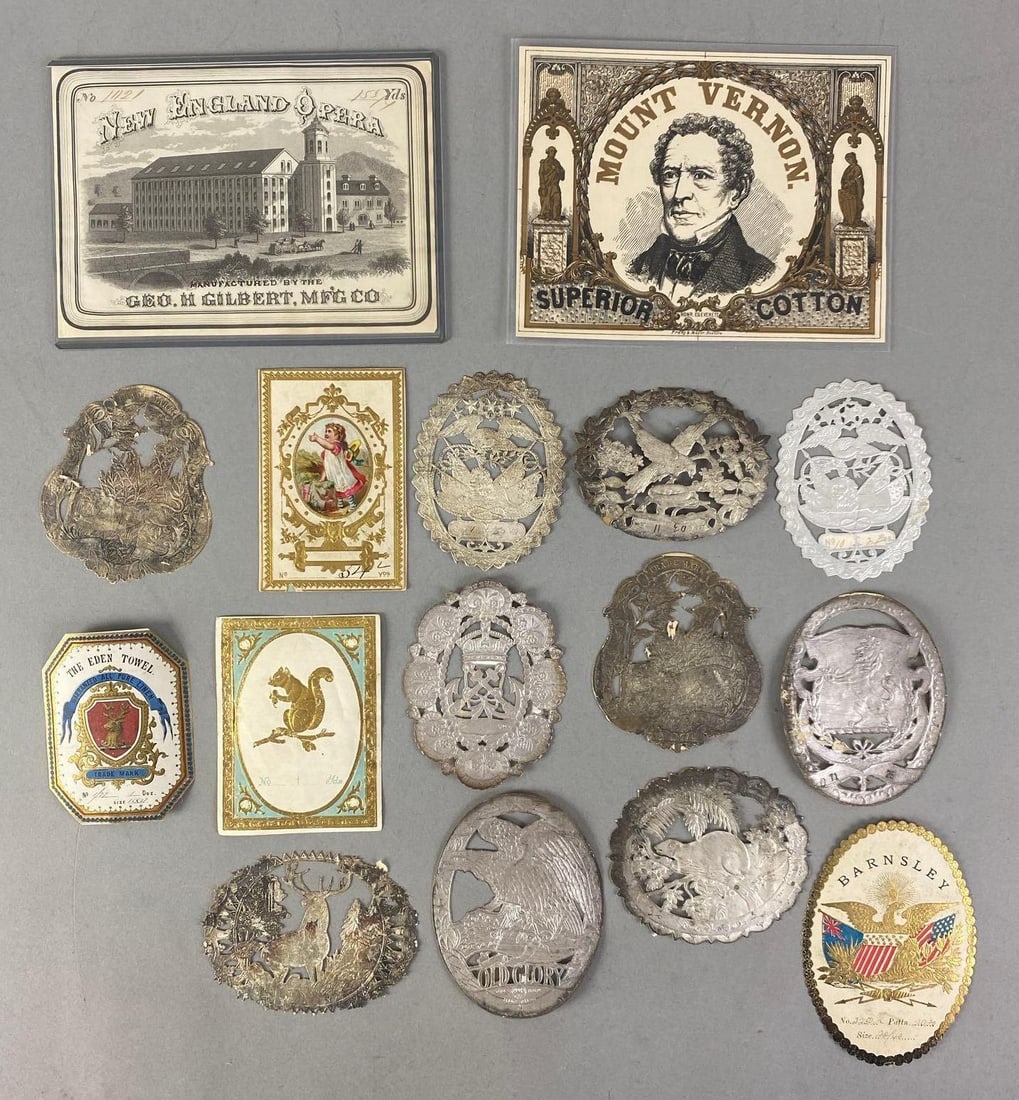 Group of Antique Advertising Fabric Labels: In-House Shipping Option: If you would like to use our in-house shipping service, please select “Arrange My Own Shipping” when paying your invoice. After payment, our in-house shipping team wi