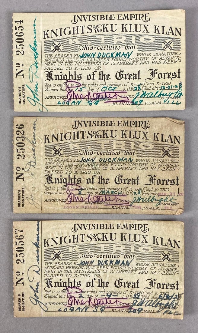 Group of 3 1928 KKK Membership Cards (1 of 2)