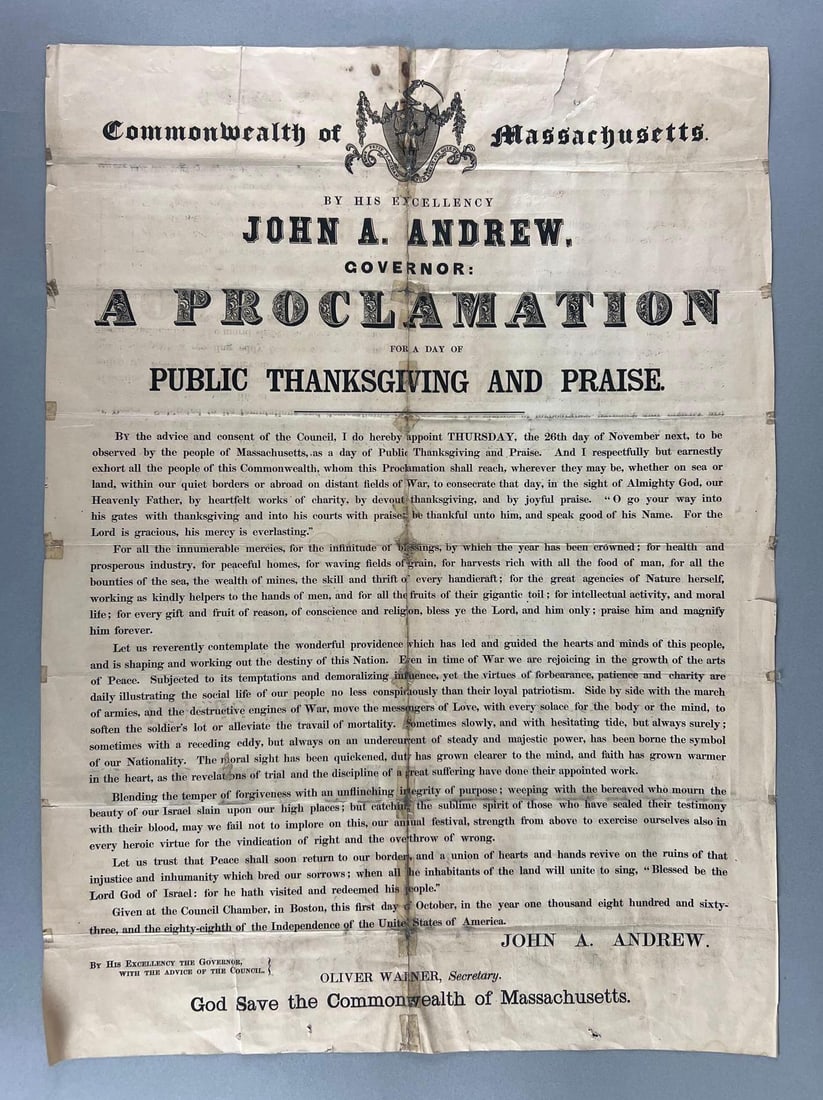 Antique 1860s Commonwealth of Massachusetts Broadside Governors Proclamation: In-House Shipping Option: If you would like to use our in-house shipping service, please select “Arrange My Own Shipping” when paying your invoice. After payment, our in-house shipping team wi