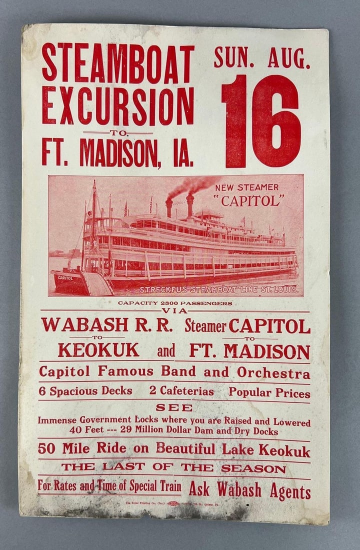 Vintage Steamboat Capitol Steamboat Excursion to Fort Madison, Iowa Broadside: In-House Shipping Option: If you would like to use our in-house shipping service, please select “Arrange My Own Shipping” when paying your invoice. After payment, our in-house shipping team wi