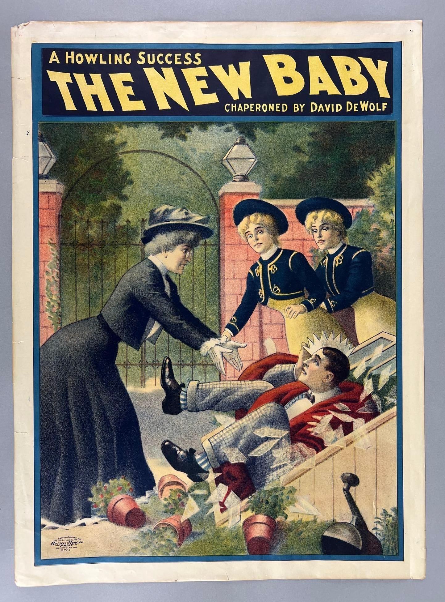 Early 1900s The New Baby by David DeWolf Lithograph Play Poster: In-House Shipping Option: If you would like to use our in-house shipping service, please select “Arrange My Own Shipping” when paying your invoice. After payment, our in-house shipping team wi