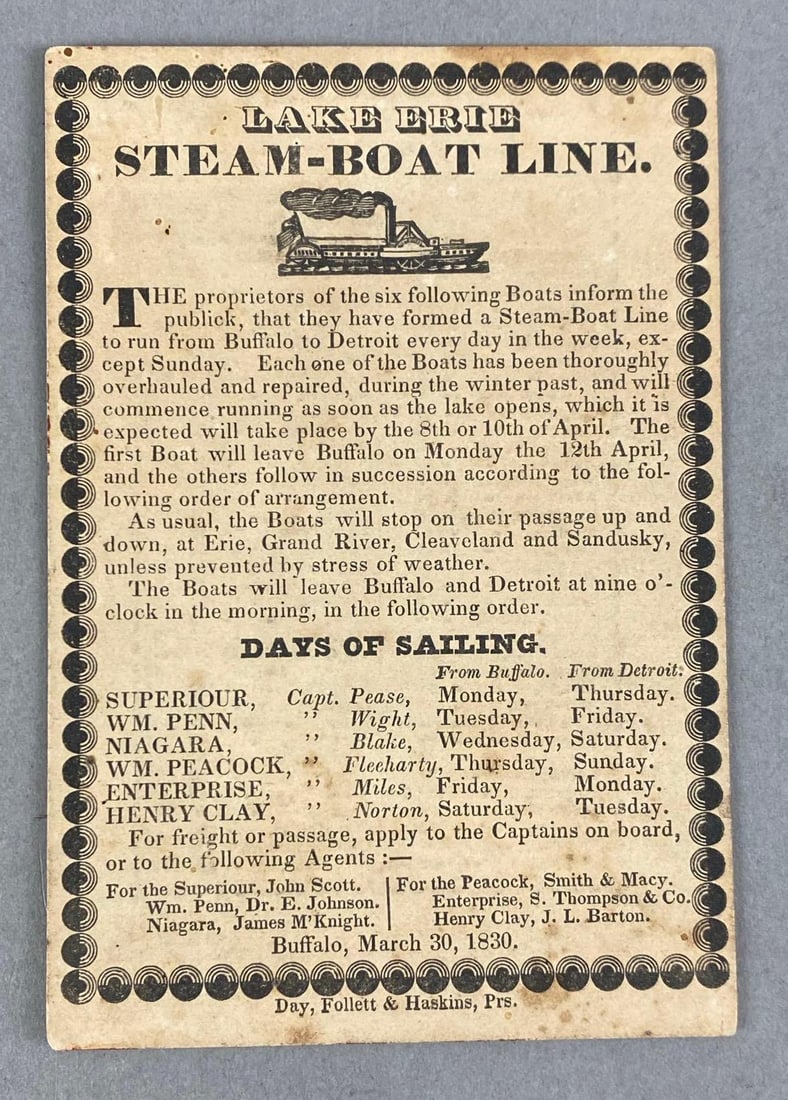 1830 Lake Erie Steam-Boat Line Notice of Days of Sailing (1 of 2)
