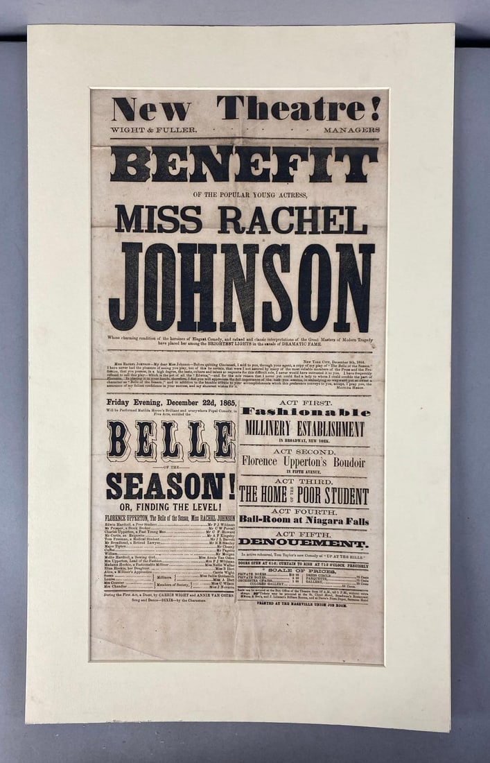 1865 Wight And Fuller Miss Rachel Johnson Theatrical Play Poster: In-House Shipping Option: If you would like to use our in-house shipping service, please select “Arrange My Own Shipping” when paying your invoice. After payment, our in-house shipping team wi