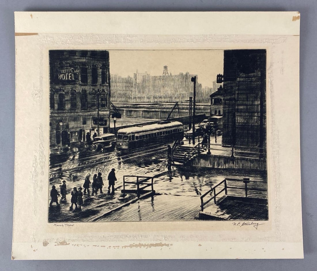 1950 Signed Nathaniel P. Steinberg March Thaw Etching: In-House Shipping Option: If you would like to use our in-house shipping service, please select “Arrange My Own Shipping” when paying your invoice. After payment, our in-house shipping team wi