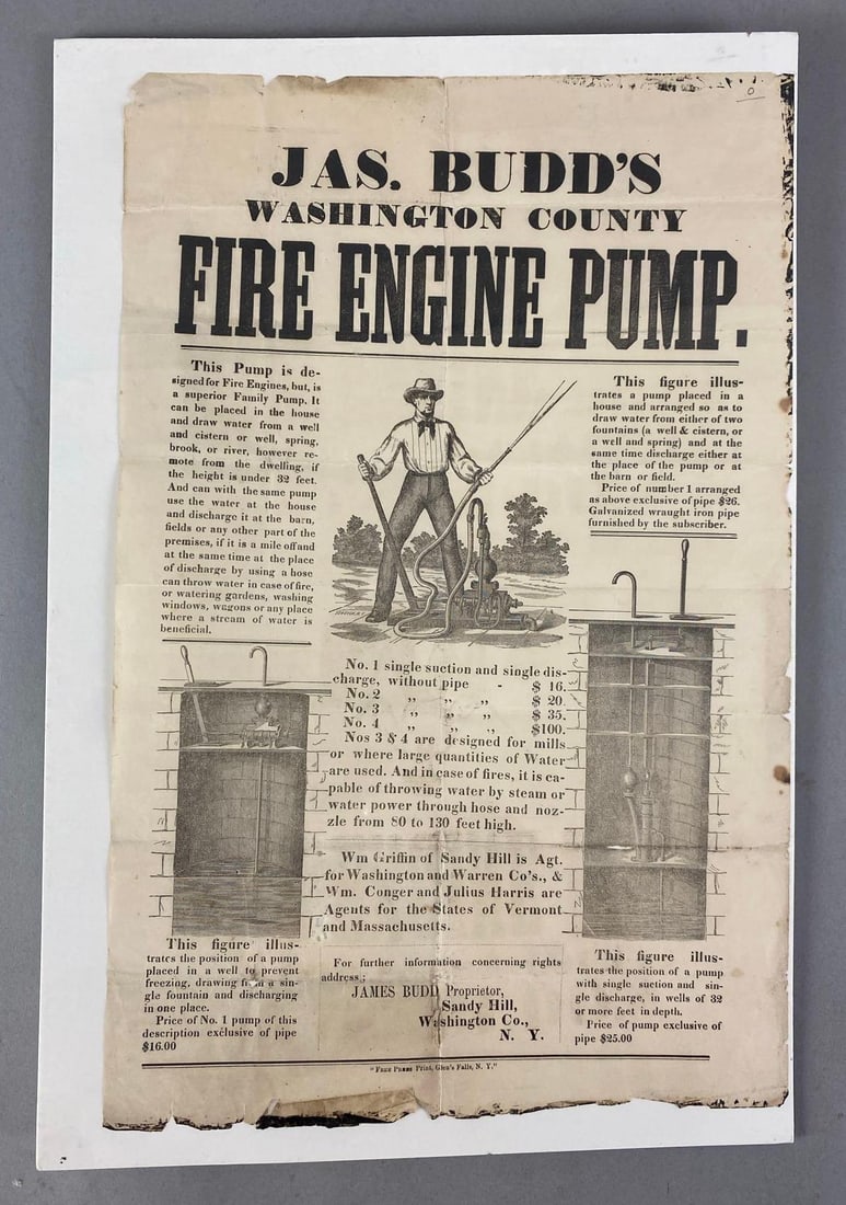 Antique Jas Budds Fire Engine Pump Advertising Poster: In-House Shipping Option: If you would like to use our in-house shipping service, please select “Arrange My Own Shipping” when paying your invoice. After payment, our in-house shipping team wi