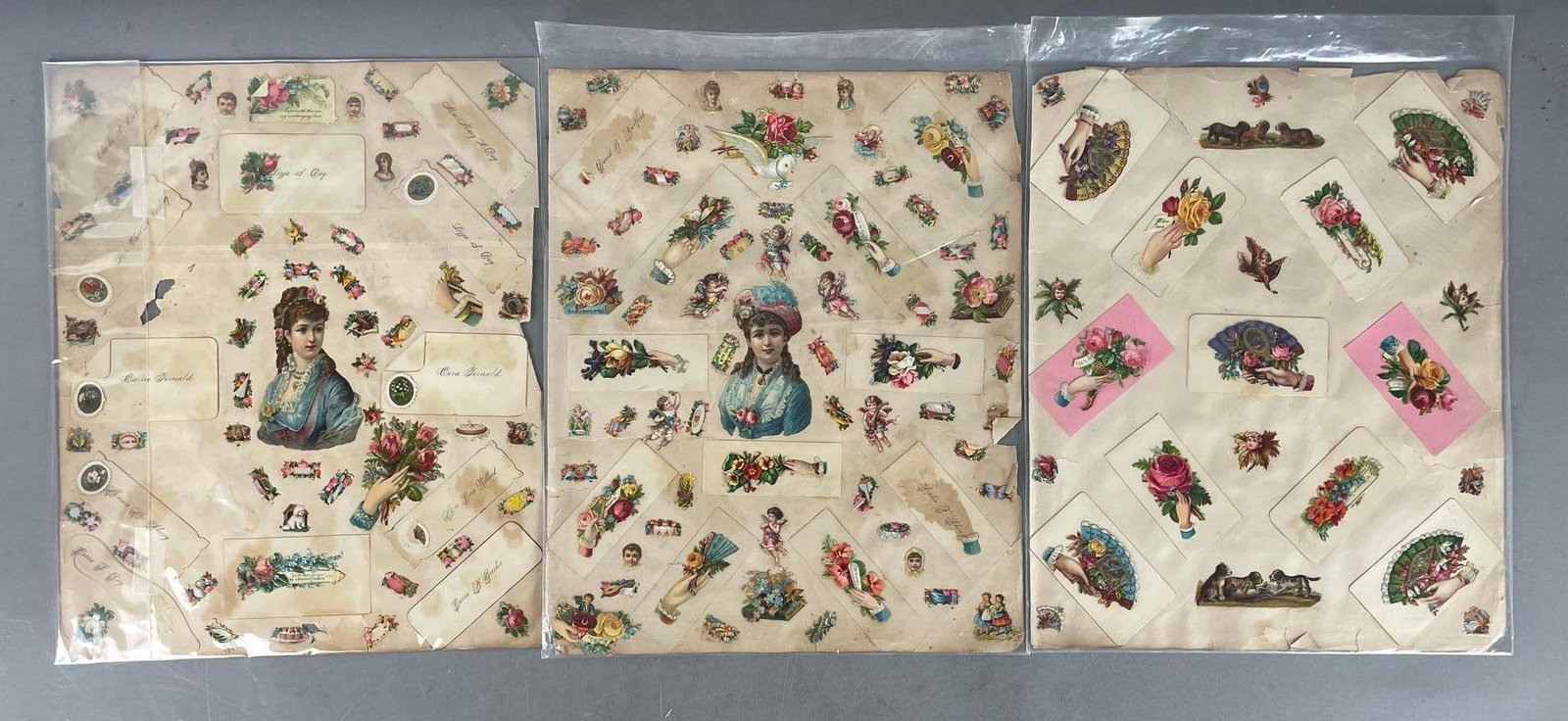 Group of 3 Antique Scrapbook Pages of Die-Cuts: In-House Shipping Option: If you would like to use our in-house shipping service, please select “Arrange My Own Shipping” when paying your invoice. After payment, our in-house shipping team