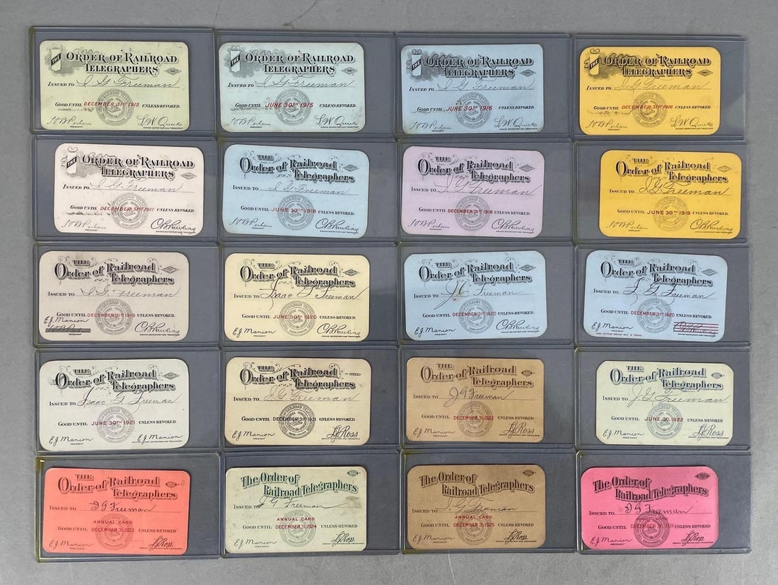 Group of 1910s / 20s Order of Railroad Telegraphers I.D. Cards: In-House Shipping Option: If you would like to use our in-house shipping service, please select “Arrange My Own Shipping” when paying your invoice. After payment, our in-house shipping team wi