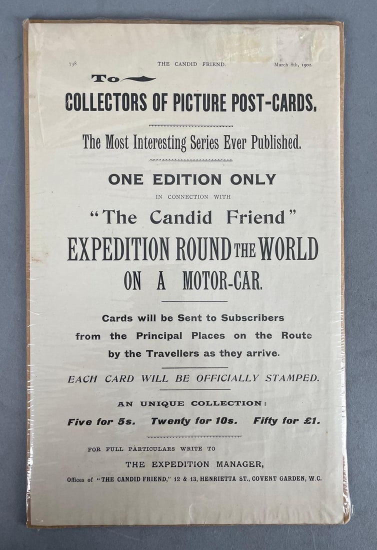 1902 Expedition Round the World on a Motor-Car Postcard Advertising Broadside: In-House Shipping Option: If you would like to use our in-house shipping service, please select “Arrange My Own Shipping” when paying your invoice. After payment, our in-house shipping team wi