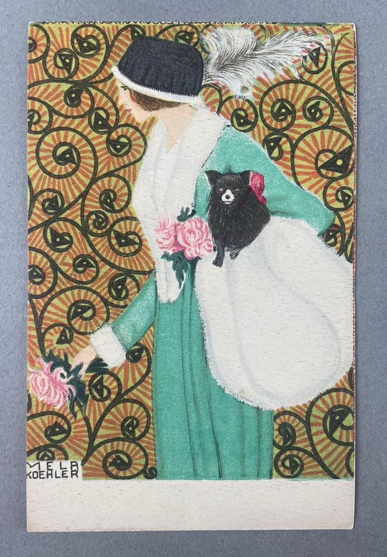 Mela Koehler Art Deco Lady with Dog Postcard: In-House Shipping Option: If you would like to use our in-house shipping service, please select “Arrange My Own Shipping” when paying your invoice. After payment, our in-house shipping team