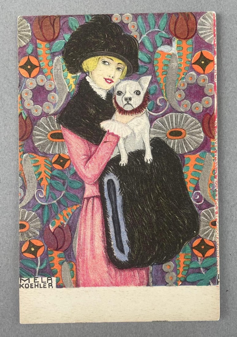 Mela Koehler Art Deco Lady with Dog Postcard: In-House Shipping Option: If you would like to use our in-house shipping service, please select “Arrange My Own Shipping” when paying your invoice. After payment, our in-house shipping team wi