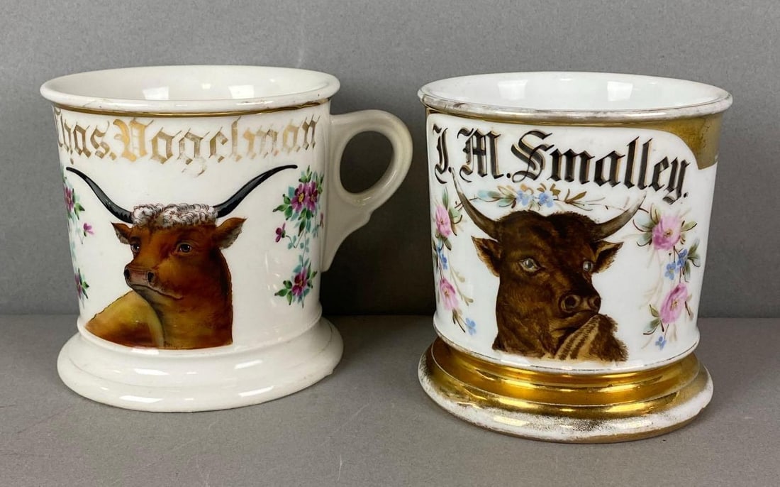 Group of 2 Antique Butcher Occupational Bull Shaving Mugs: In-House Shipping Option: If you would like to use our in-house shipping service, please select “Arrange My Own Shipping” when paying your invoice. After payment, our in-house shipping team wi