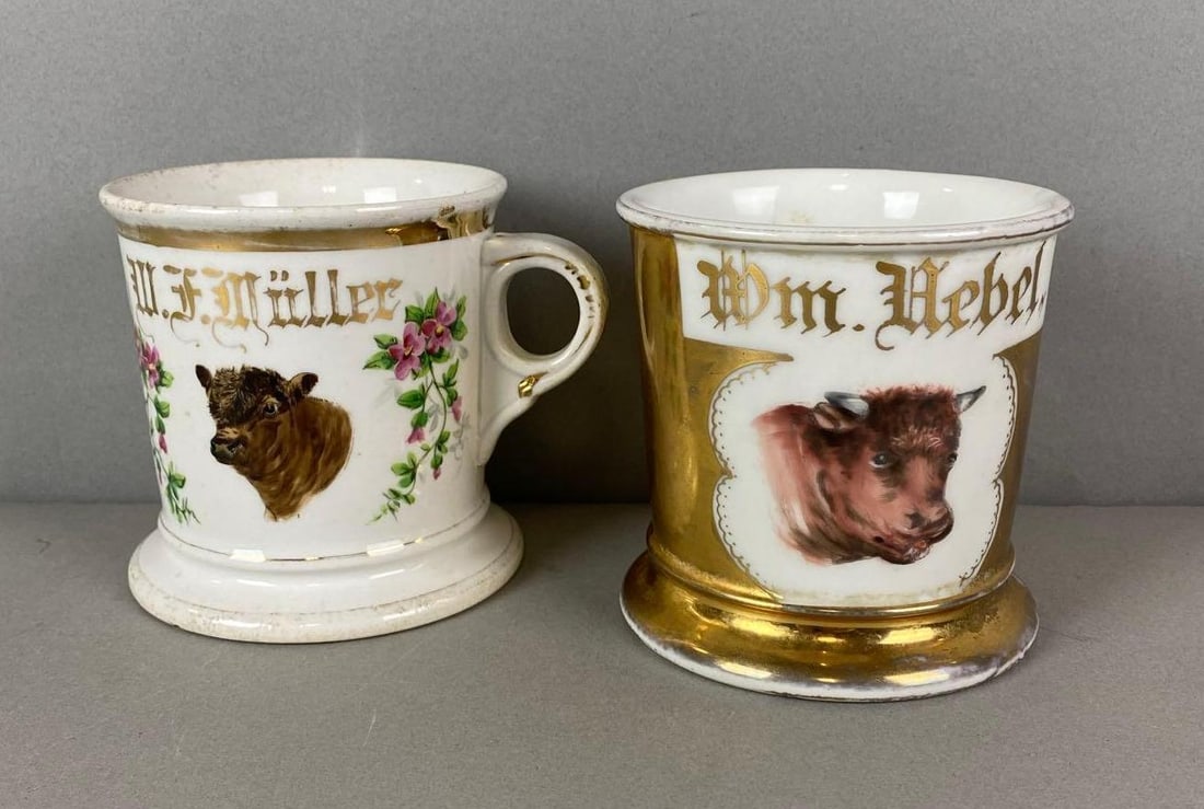 Group of 2 Antique Butcher Occupational Steer Shaving Mugs: In-House Shipping Option: If you would like to use our in-house shipping service, please select “Arrange My Own Shipping” when paying your invoice. After payment, our in-house shipping team wi