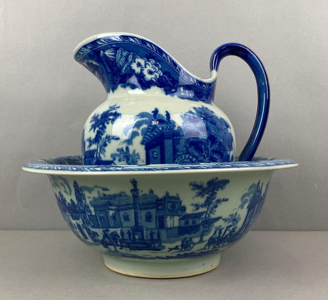 Antique Victoria Ironstone Flow Blue Wash Pitcher and Basin (1 of 10)