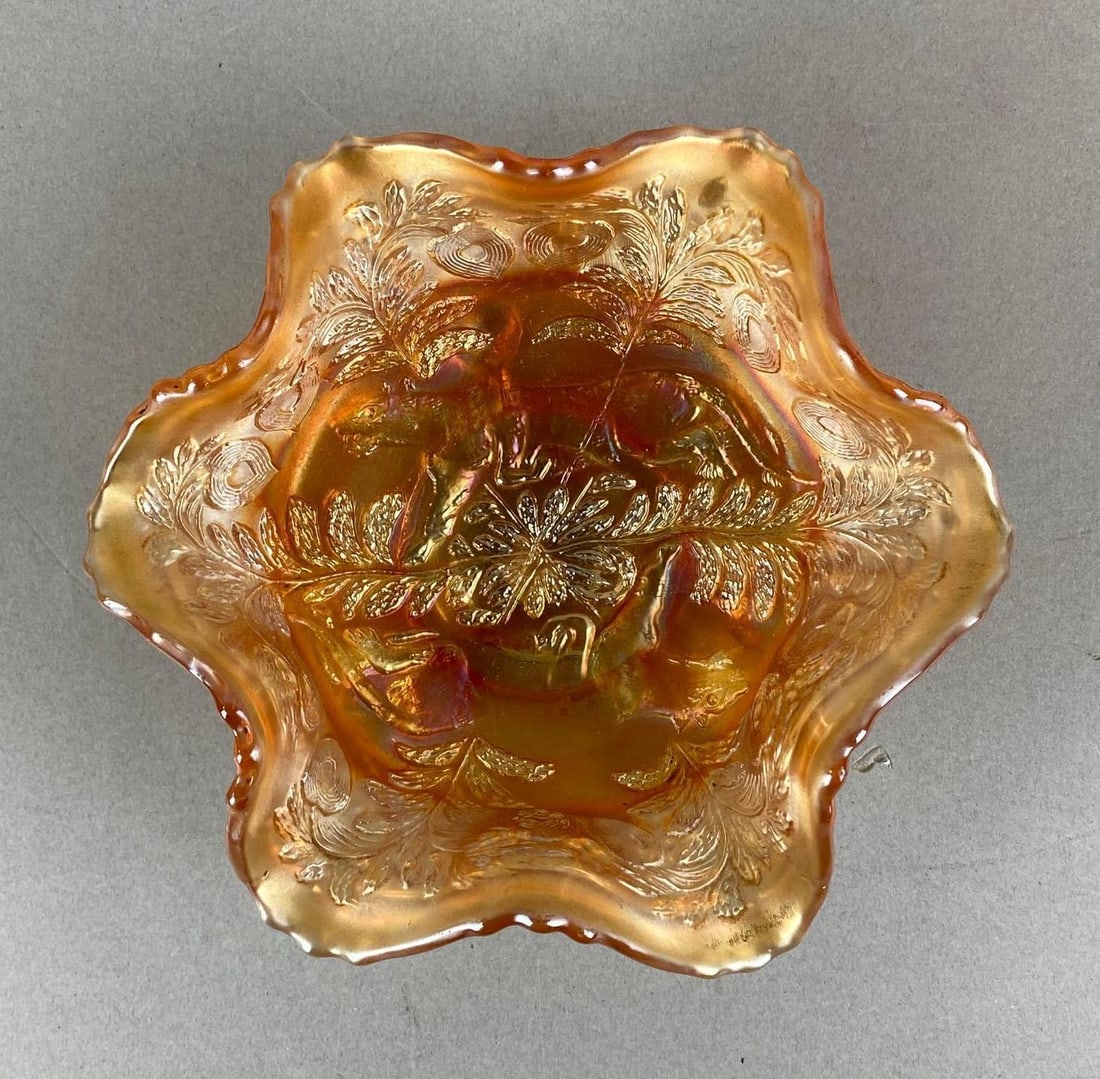 Antique Fenton Marigold Panther and Butterfly Berry Bowl: In-House Shipping Option: If you would like to use our in-house shipping service, please select “Arrange My Own Shipping” when paying your invoice. After payment, our in-house shipping team