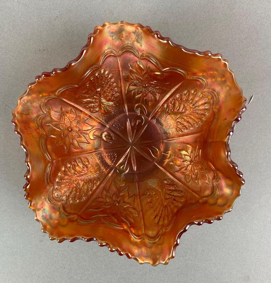 Antique Fenton Marigold Peacock and Grape Ruffle Carnival Glass Bowl: In-House Shipping Option: If you would like to use our in-house shipping service, please select “Arrange My Own Shipping” when paying your invoice. After payment, our in-house shipping team wi