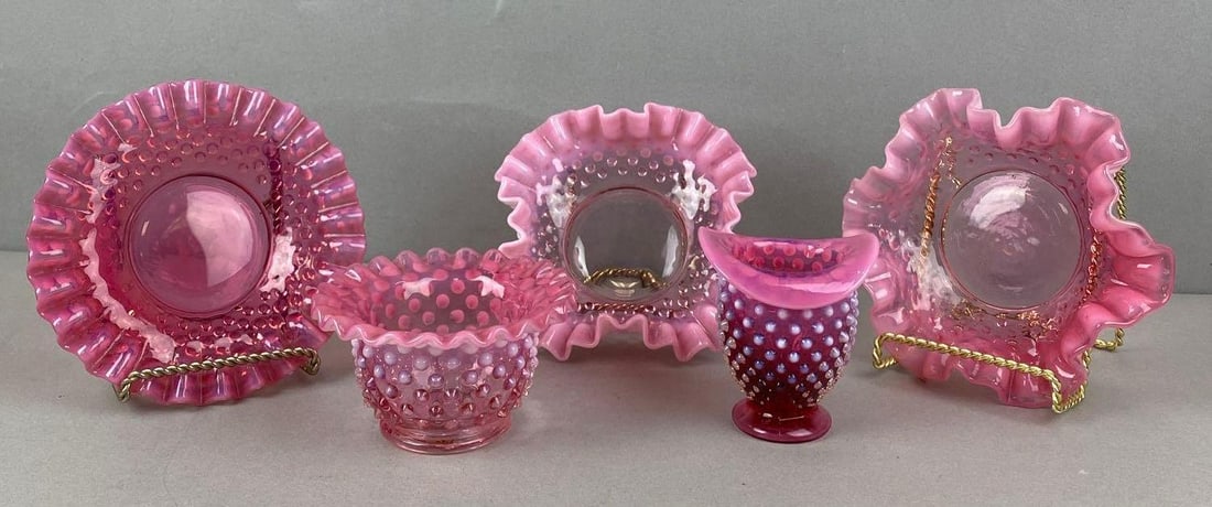 Group of 5 Fenton Glass Opalescent Cranberry Hobnail Items (1 of 3)