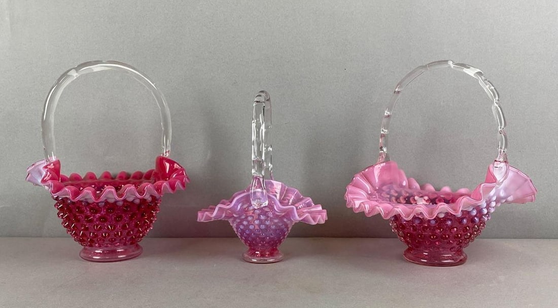 Group of 3 Fenton Opalescent Cranberry Ruffled Hobnail Baskets (1 of 2)