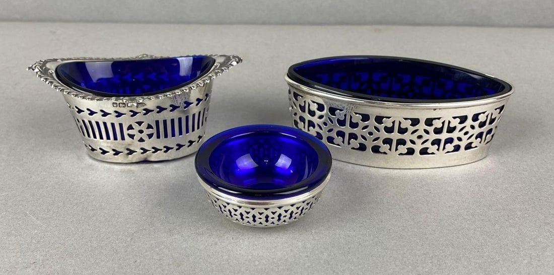Group of 3 Antique Cobalt and .925 Sterling Silver Salt Cellars: In-House Shipping Option: If you would like to use our in-house shipping service, please select “Arrange My Own Shipping” when paying your invoice. After payment, our in-house shipping team wi